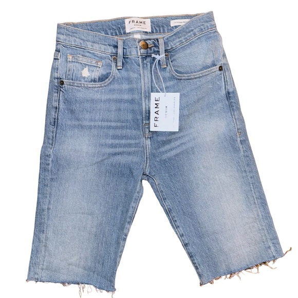 FRAME Le Vintage Bermuda Jean Short Raw Edge Miranda Sand Black Caviar - Picture 9 of 9